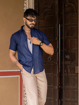 French Navy Blue Linen Half Sleeve Solid Shirt