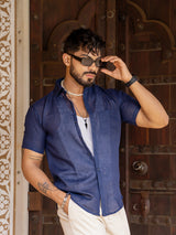 French Navy Blue Linen Half Sleeve Solid Shirt