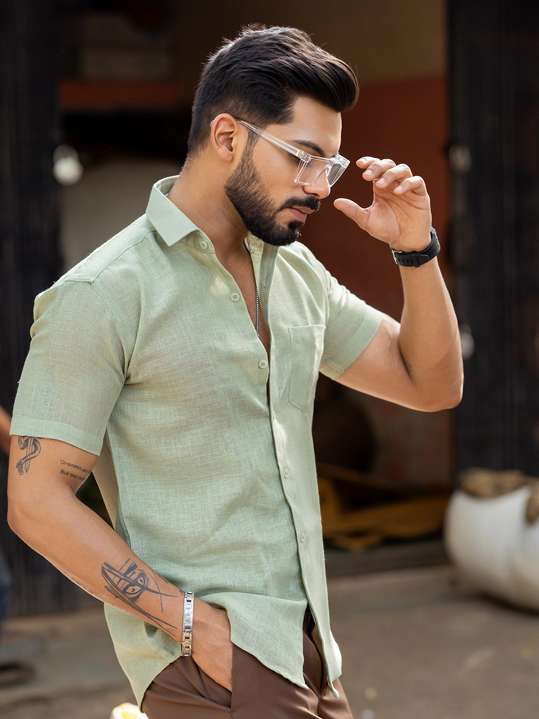 Sage Green Linen Half Sleeve Shirt