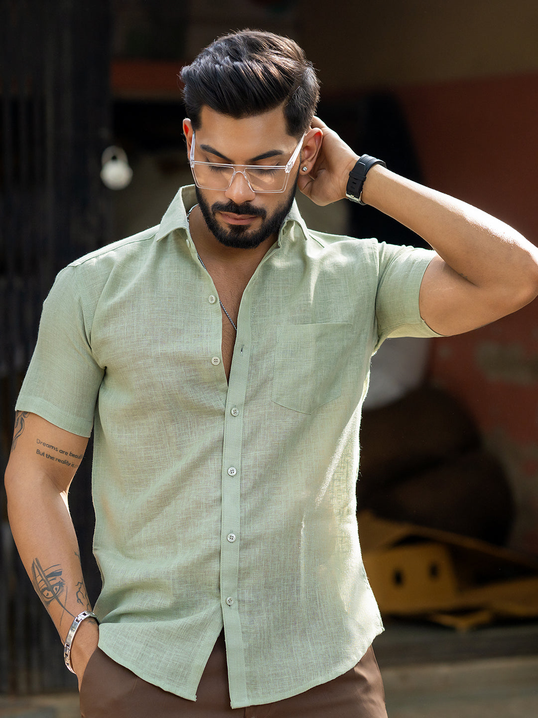 Sage Green Linen Half Sleeve Shirt
