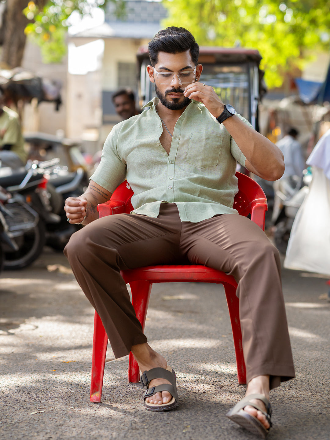 Sage Green Linen Half Sleeve Shirt