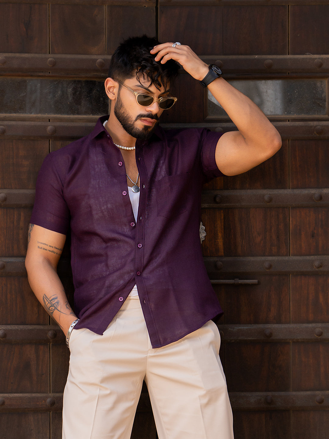 Aubergine Linen Half Sleeve Solid Shirt