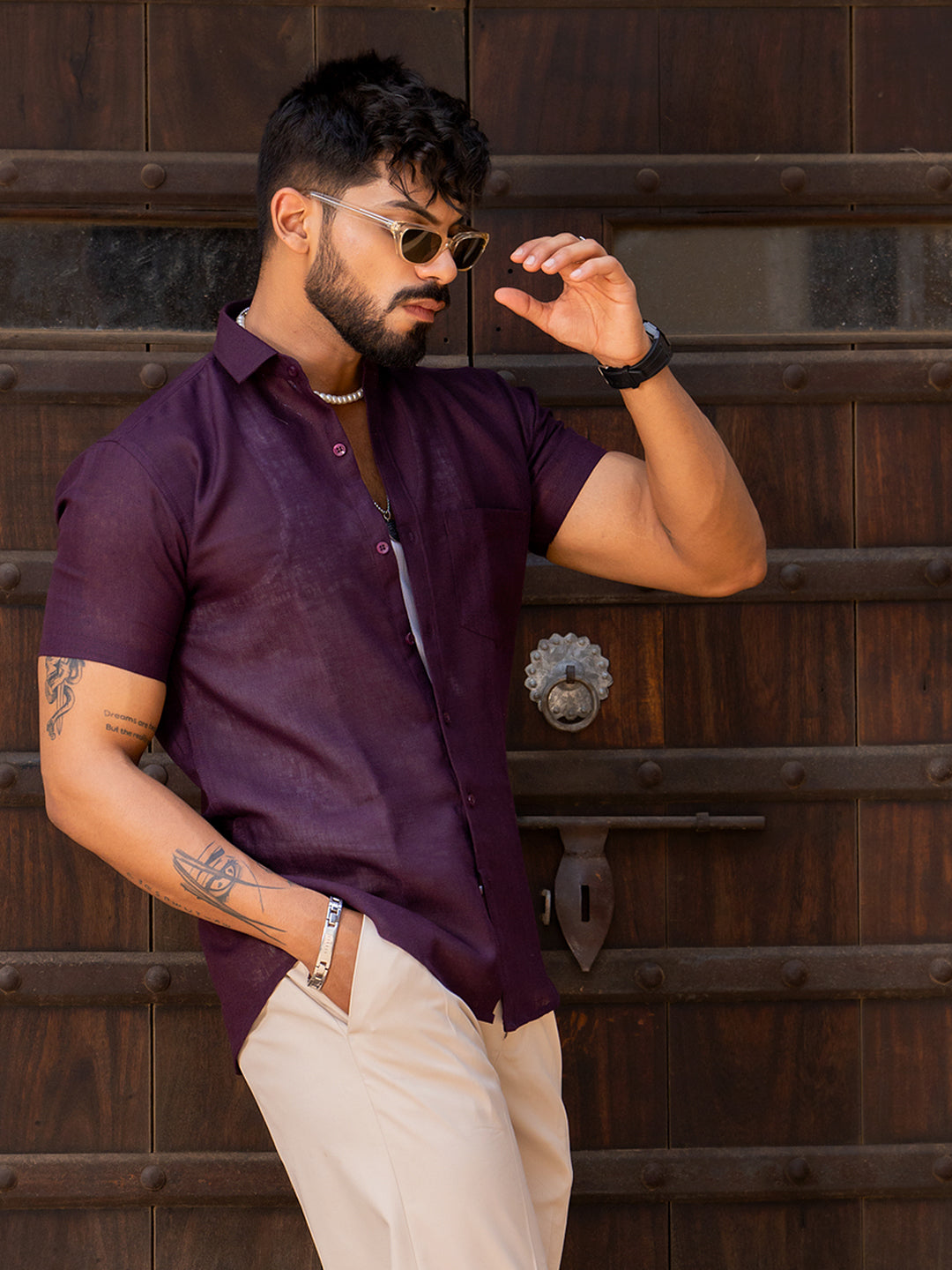 Aubergine Linen Half Sleeve Solid Shirt