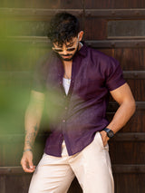 Aubergine Linen Half Sleeve Solid Shirt