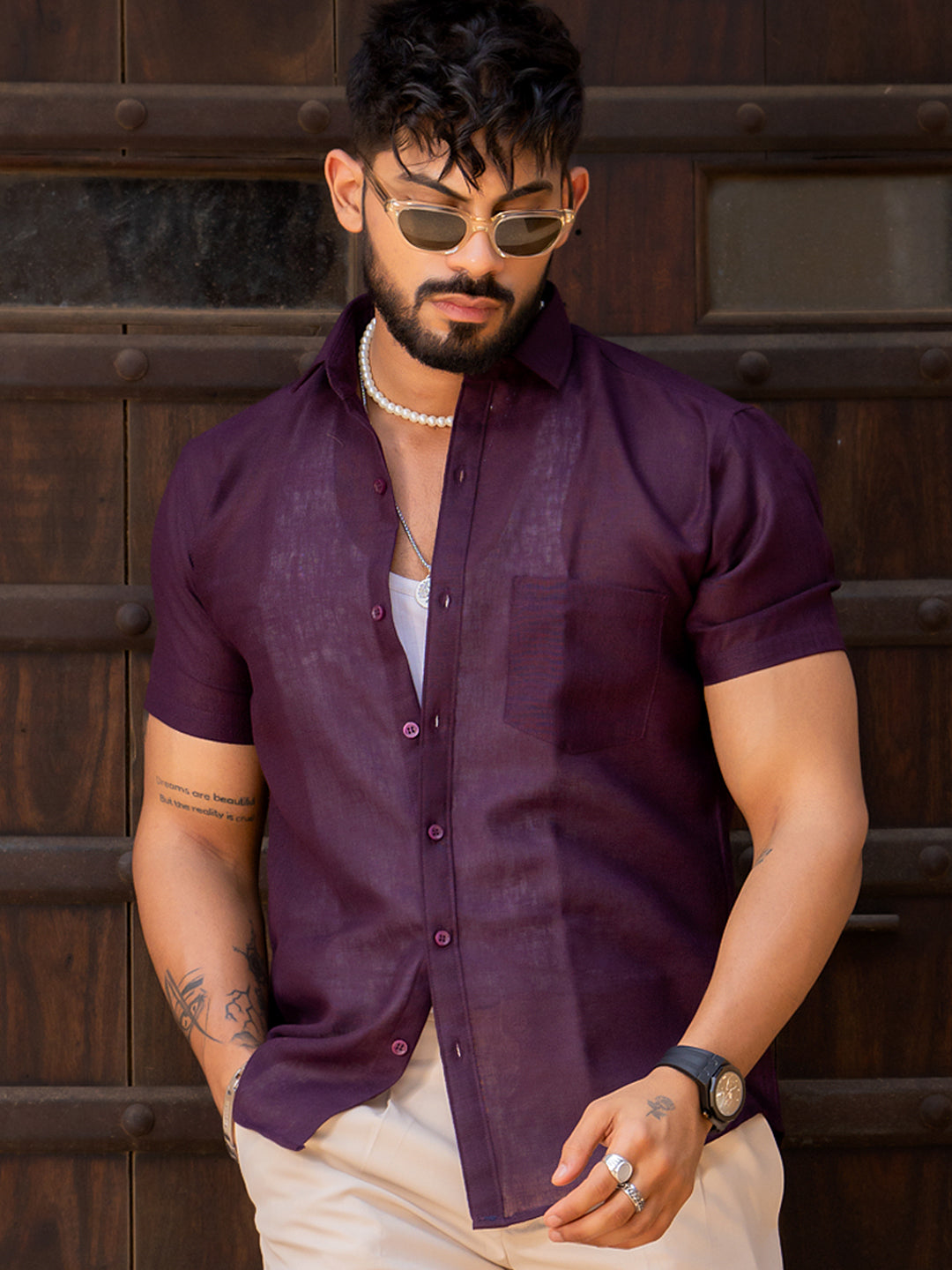 Aubergine Linen Half Sleeve Solid Shirt