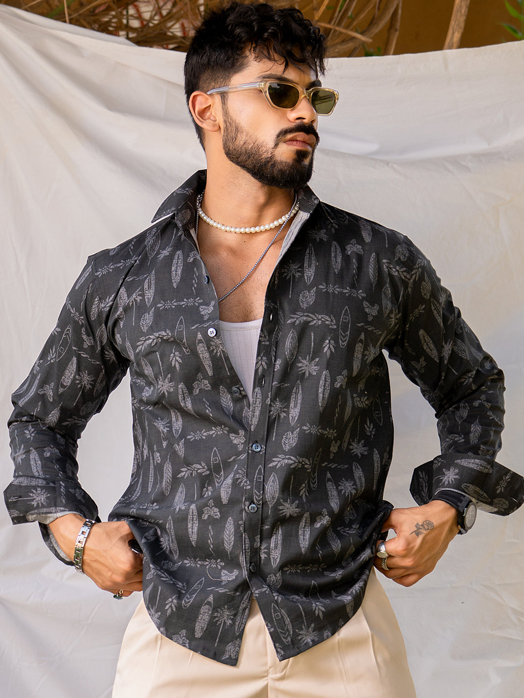 Full Sleeve Faded Black Printed Shirt