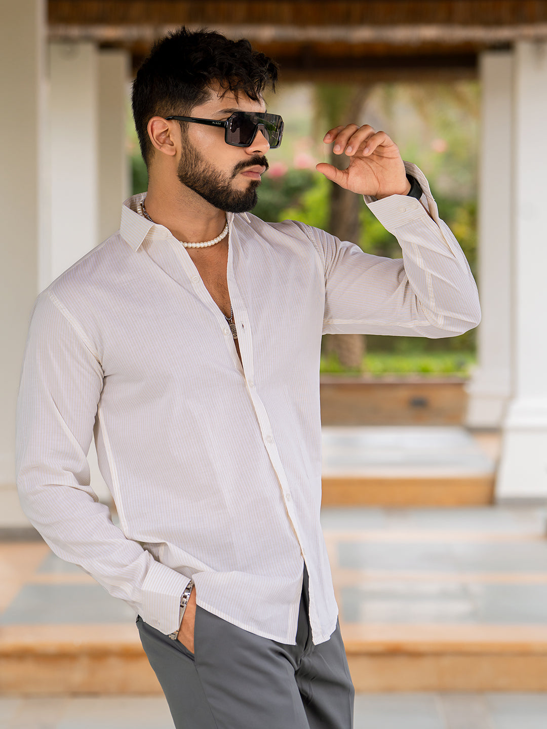 Off White Full Sleeve Striped  Shirt