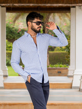 Full Sleeve White & Sky Blue Striped Shirt