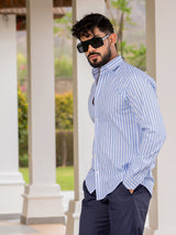 Full Sleeve White & Sky Blue Striped Shirt