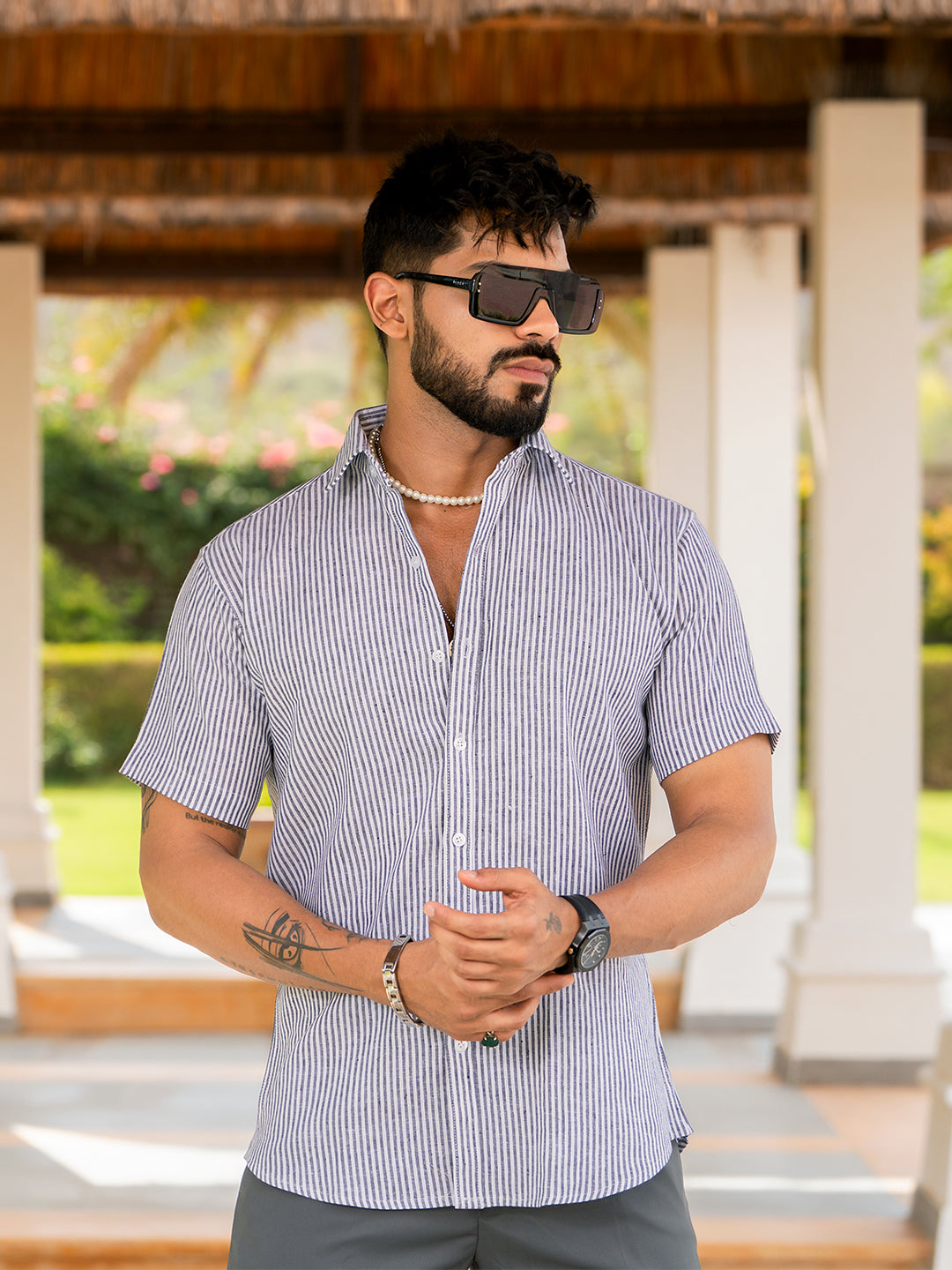 Half Sleeve White & Blue Striped Shirt