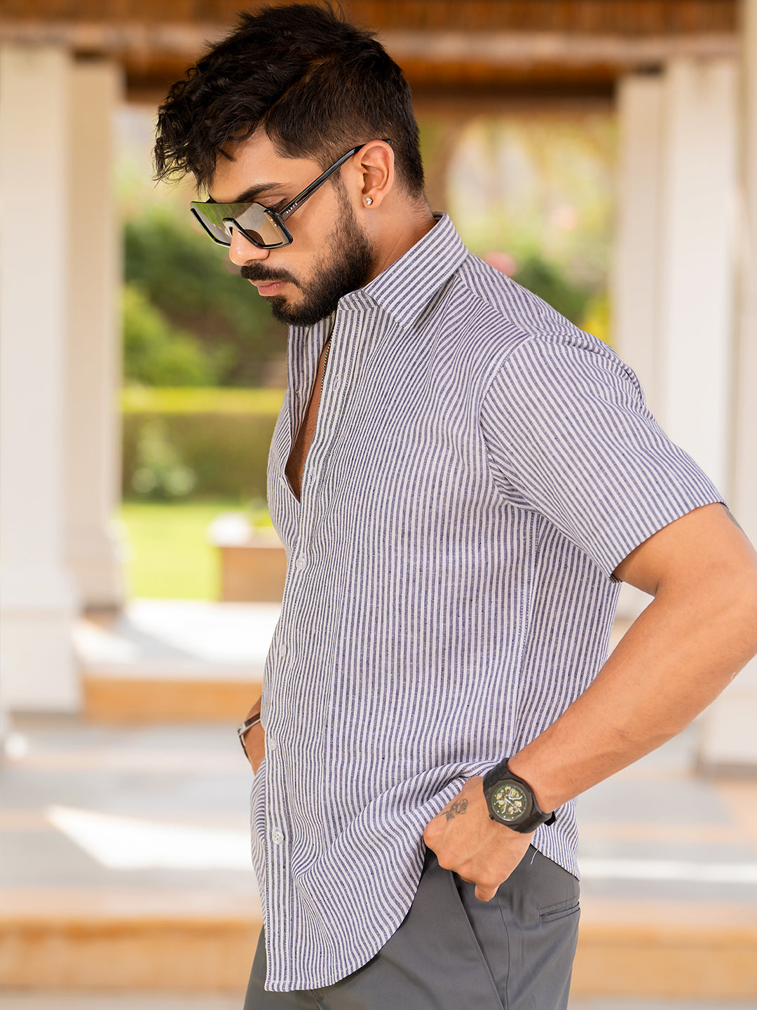 Half Sleeve White & Blue Striped Shirt