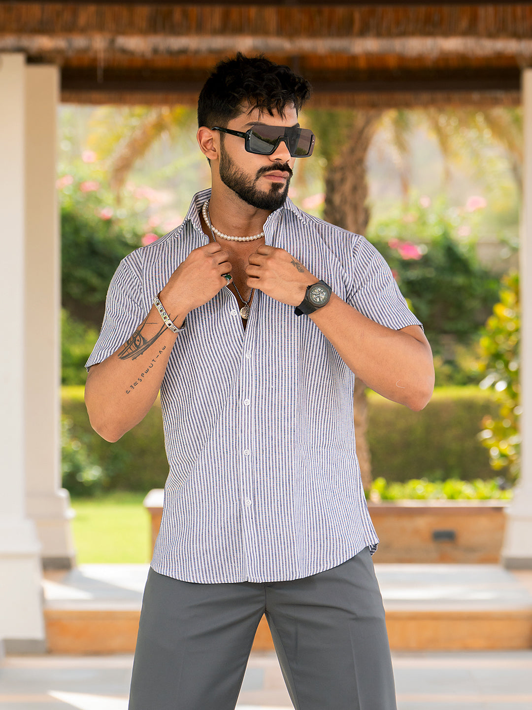 Half Sleeve White & Blue Striped Shirt