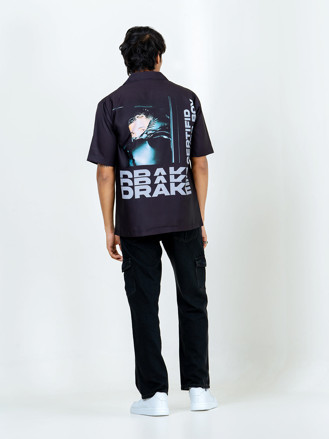 Black Crepe Drake printed Oversized Shirt