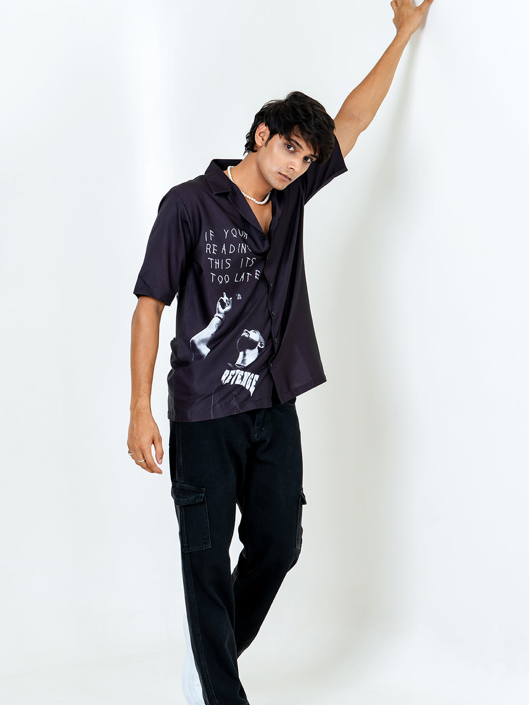 Black Crepe Drake printed Oversized Shirt