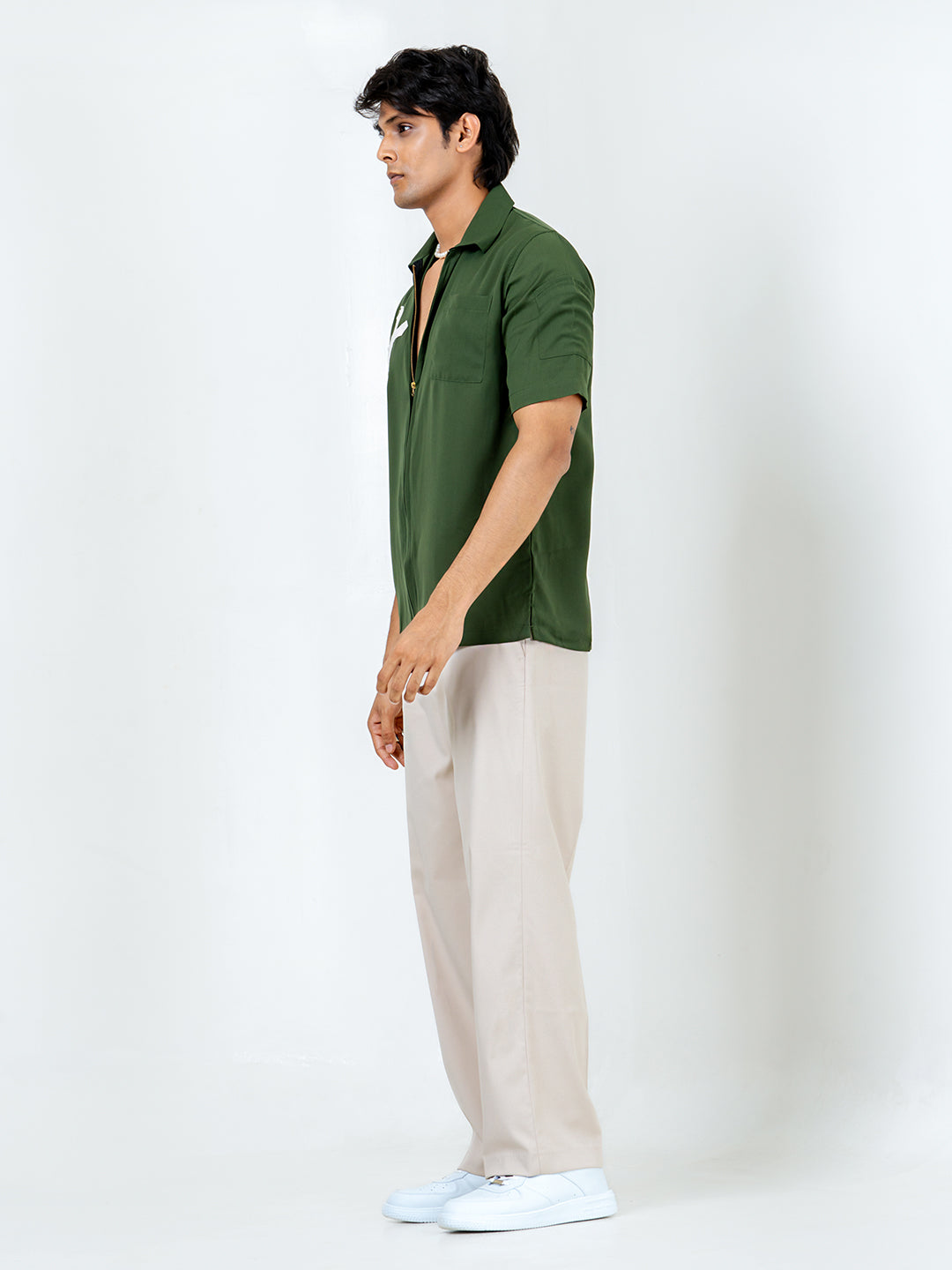 Bottle Green Poly Crepe Zipper Oversized Shirt