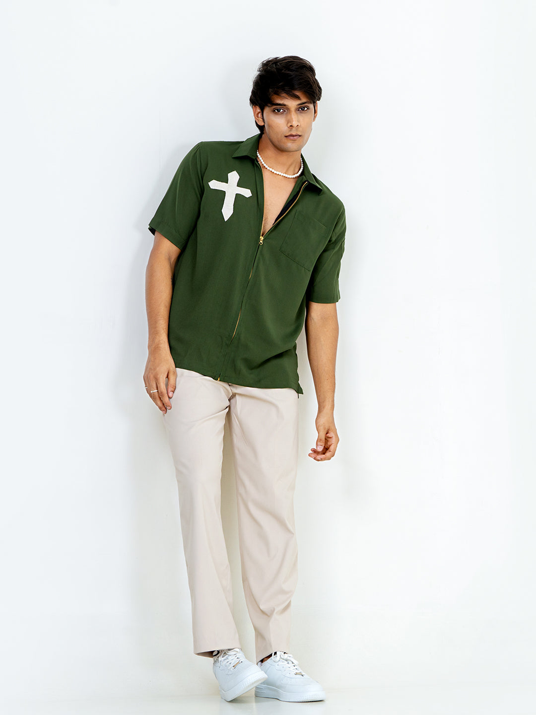 Bottle Green Poly Crepe Zipper Oversized Shirt