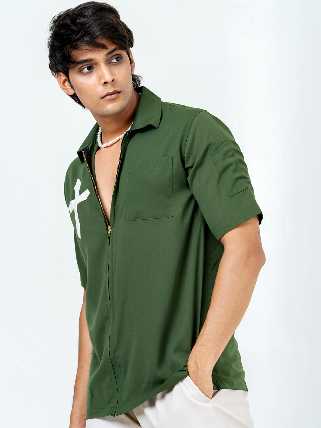 Bottle Green Poly Crepe Zipper Oversized Shirt