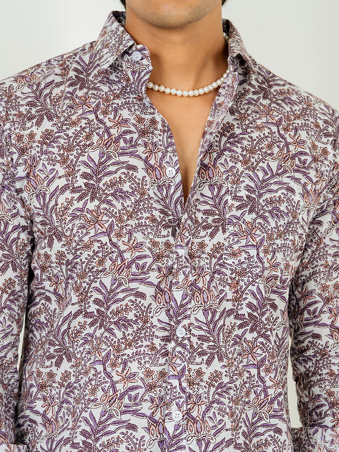 White Full Sleeve Designer Sanaganeri Printed Shirt For Men