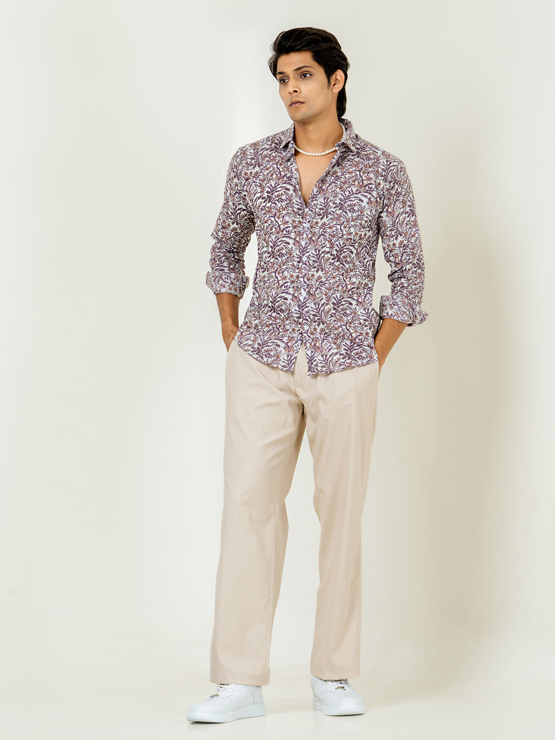 White Full Sleeve Designer Sanaganeri Printed Shirt For Men