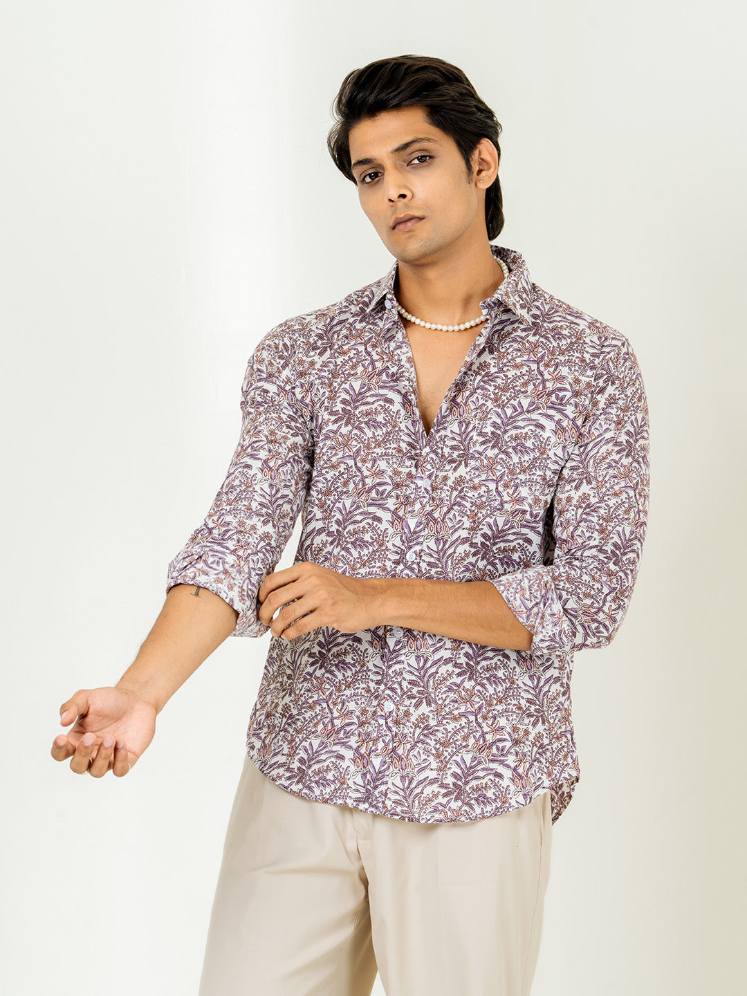 White Full Sleeve Designer Sanaganeri Printed Shirt For Men