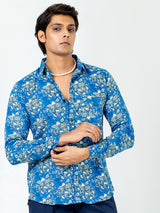 Blue Full Sleeve Flower With Leaf Sanganeri Printed Shirt