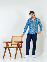 Blue Full Sleeve Flower With Leaf Sanganeri Printed Shirt