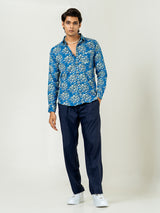 Blue Full Sleeve Flower With Leaf Sanganeri Printed Shirt