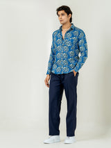 Blue Full Sleeve Flower With Leaf Sanganeri Printed Shirt