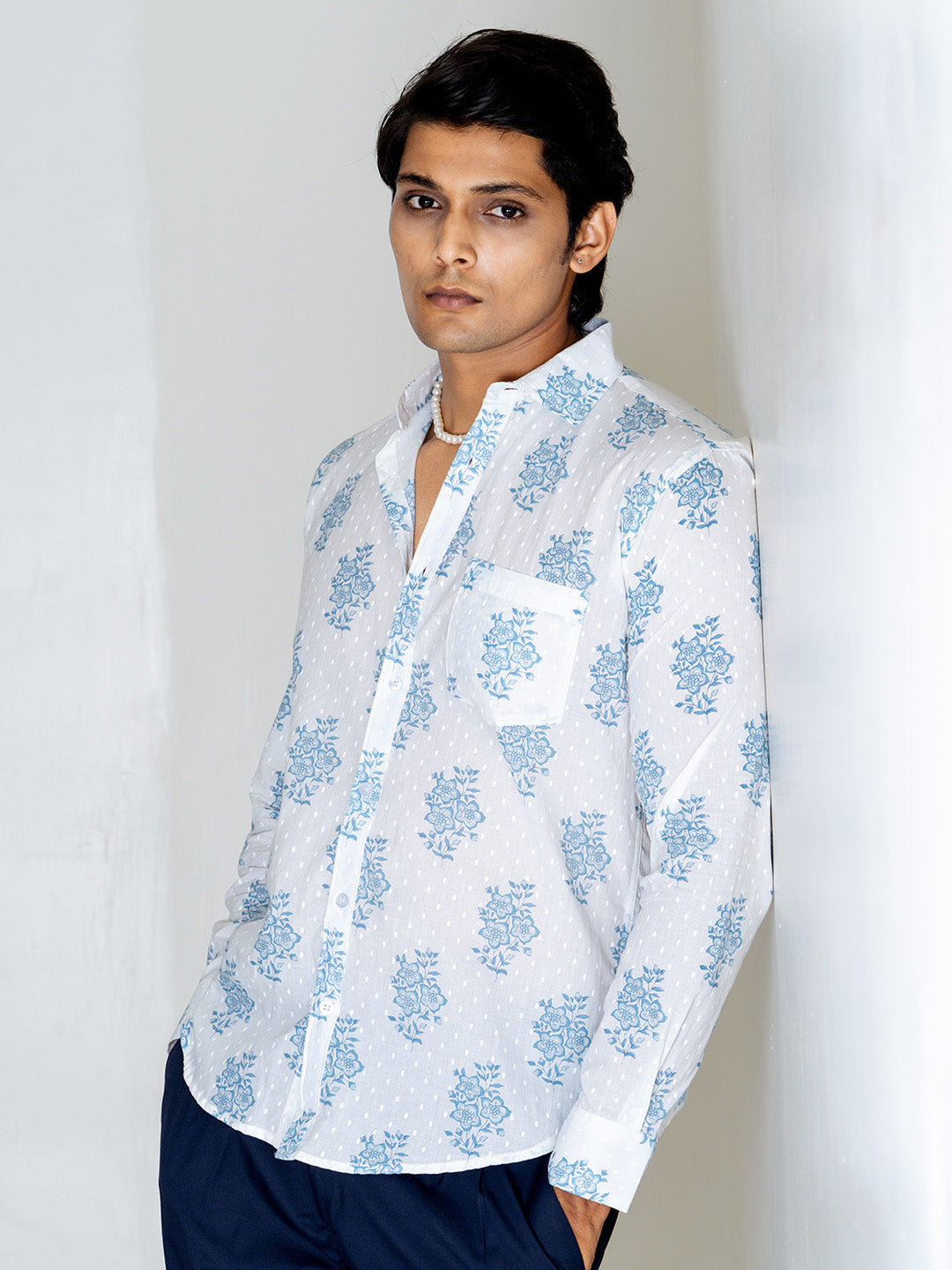 White Full Sleeve Floral Sanganeri Men's Printed Shirt