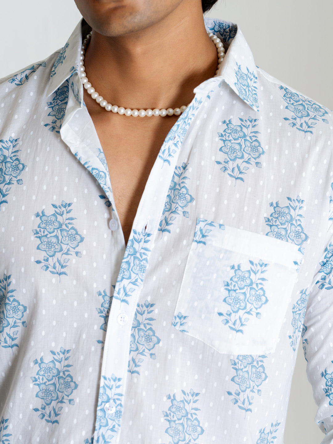 White Full Sleeve Floral Sanganeri Men's Printed Shirt