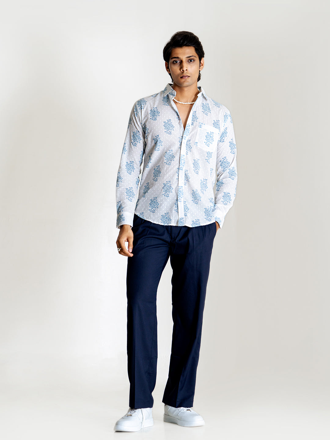 White Full Sleeve Floral Sanganeri Men's Printed Shirt