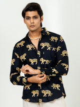 Black Full Sleeve Tiger Printed Shirts For Men