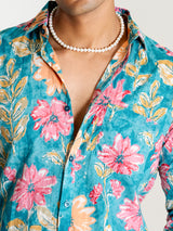 Robin Egg Blue Full Sleeve Sanganeri Printed Shirt