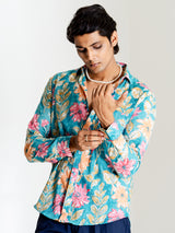 Robin Egg Blue Full Sleeve Sanganeri Printed Shirt