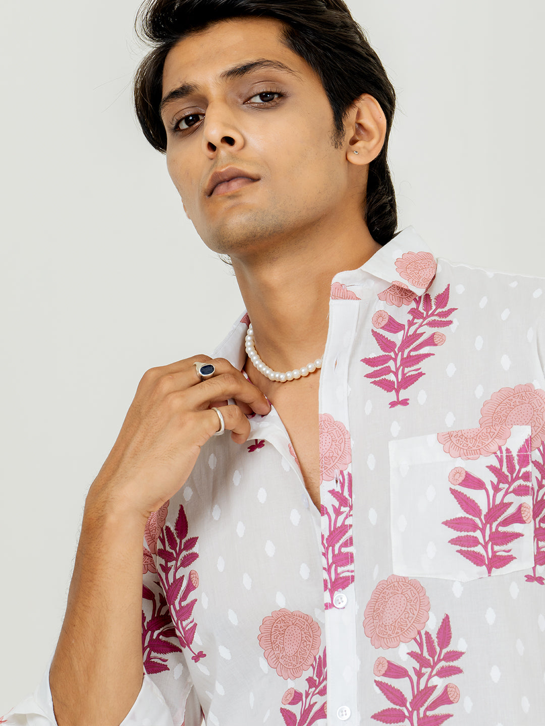 White Full Sleeve Floral with leaf Printed Shirt