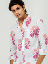 White Full Sleeve Floral with leaf Printed Shirt