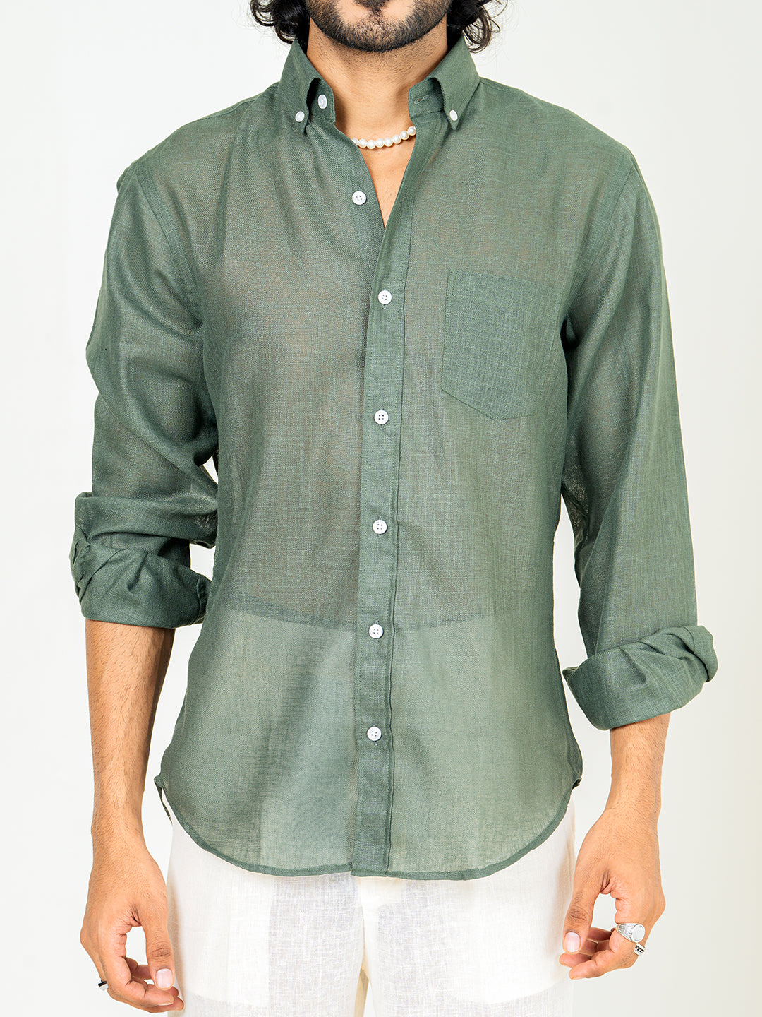 Bottle Green Linen blend full sleeves shirt