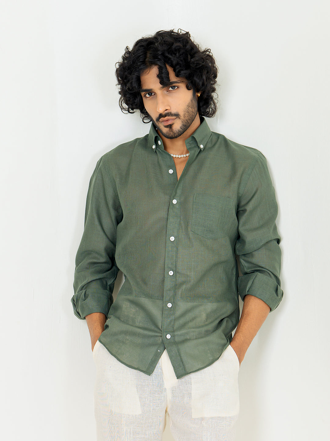 Bottle Green Linen blend full sleeves shirt