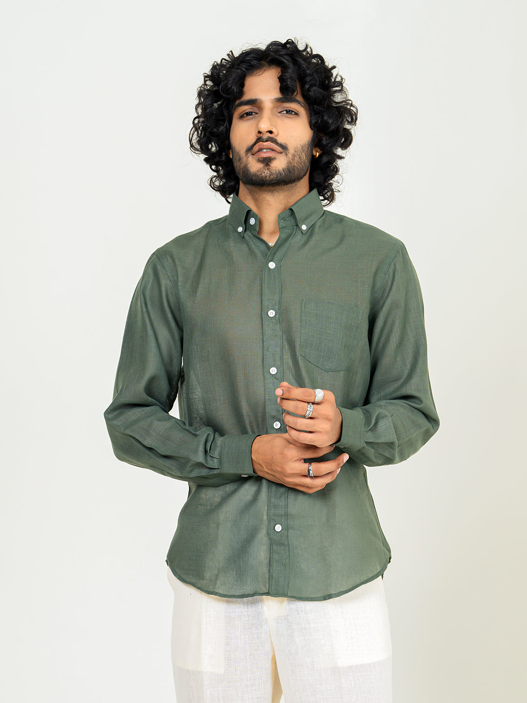 Bottle Green Linen blend full sleeves shirt