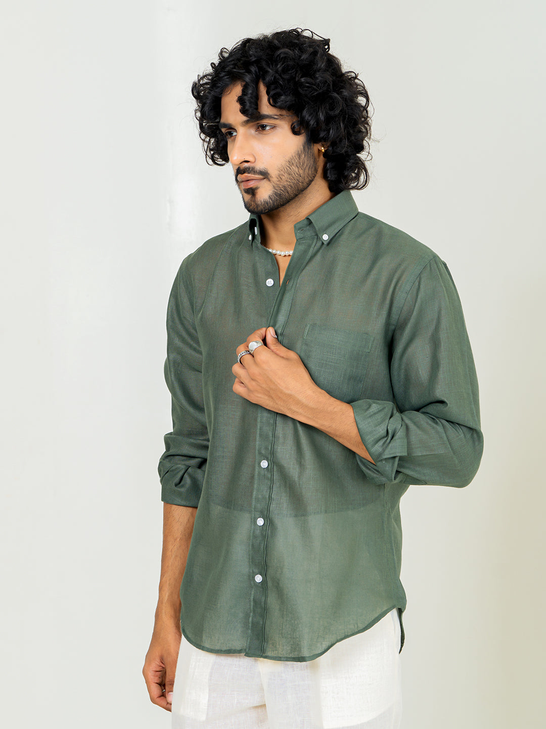 Bottle Green Linen blend full sleeves shirt