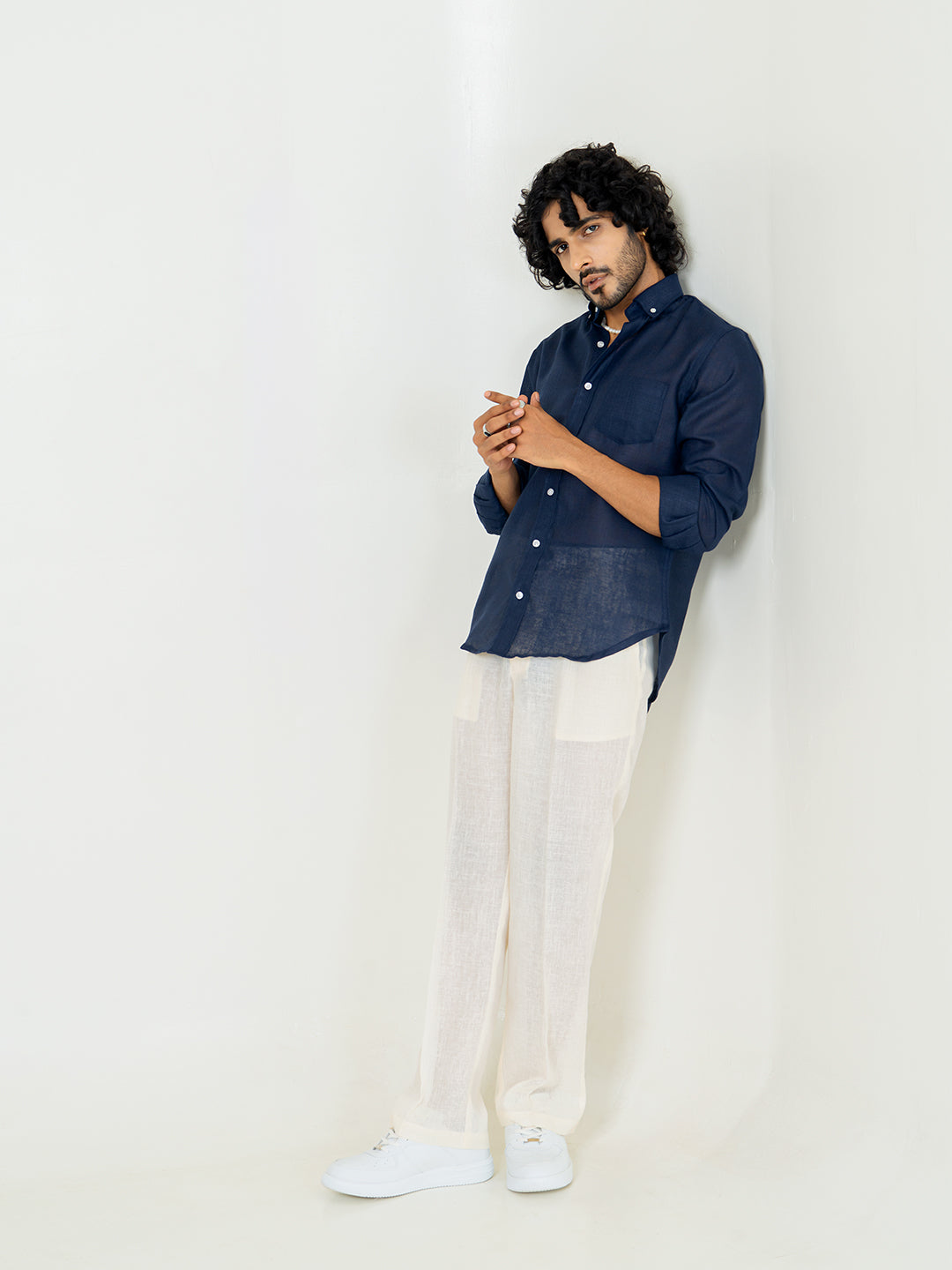 Navy Blue Linen blend full sleeves shirt