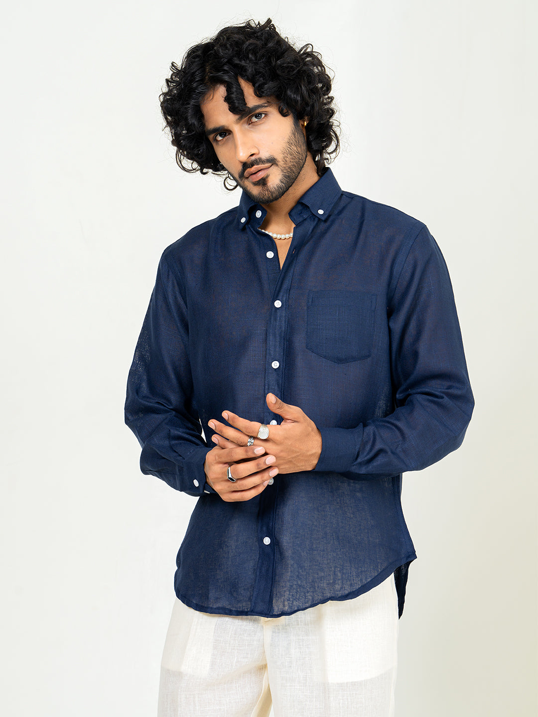 Navy Blue Linen blend full sleeves shirt