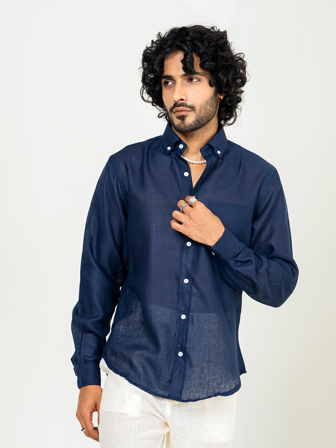 Navy Blue Linen blend full sleeves shirt