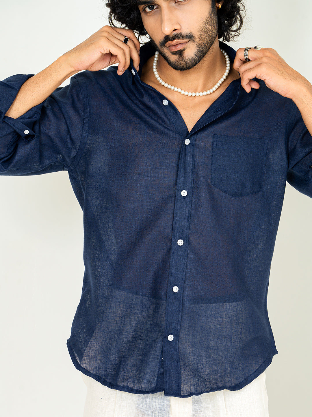 Navy Blue Linen blend full sleeves shirt