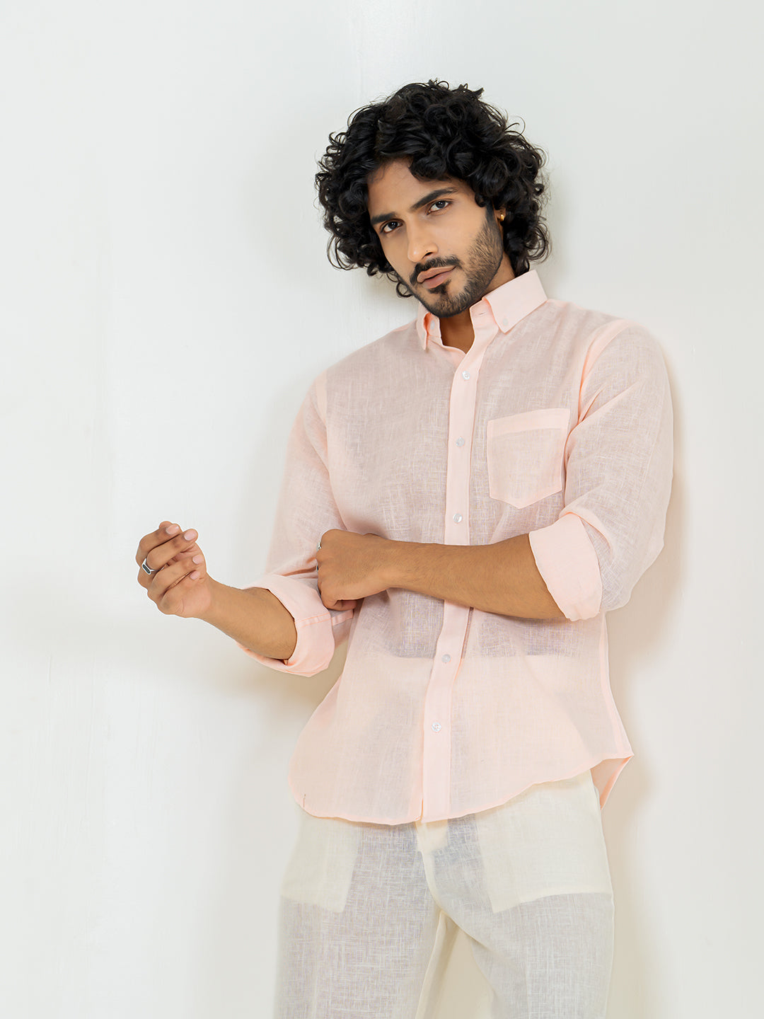 Millennial pink Linen blend full sleeves shirt