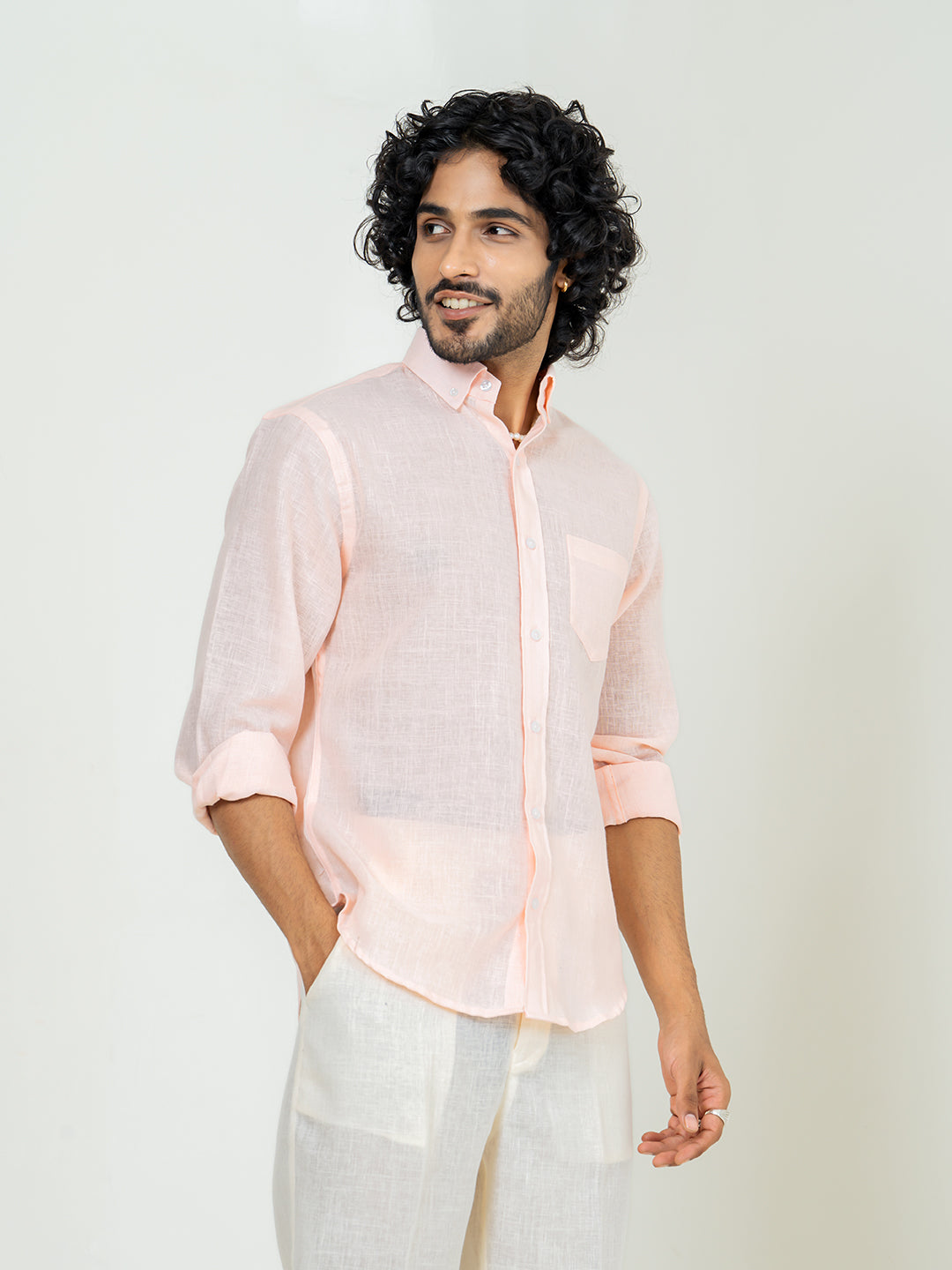 Millennial pink Linen blend full sleeves shirt