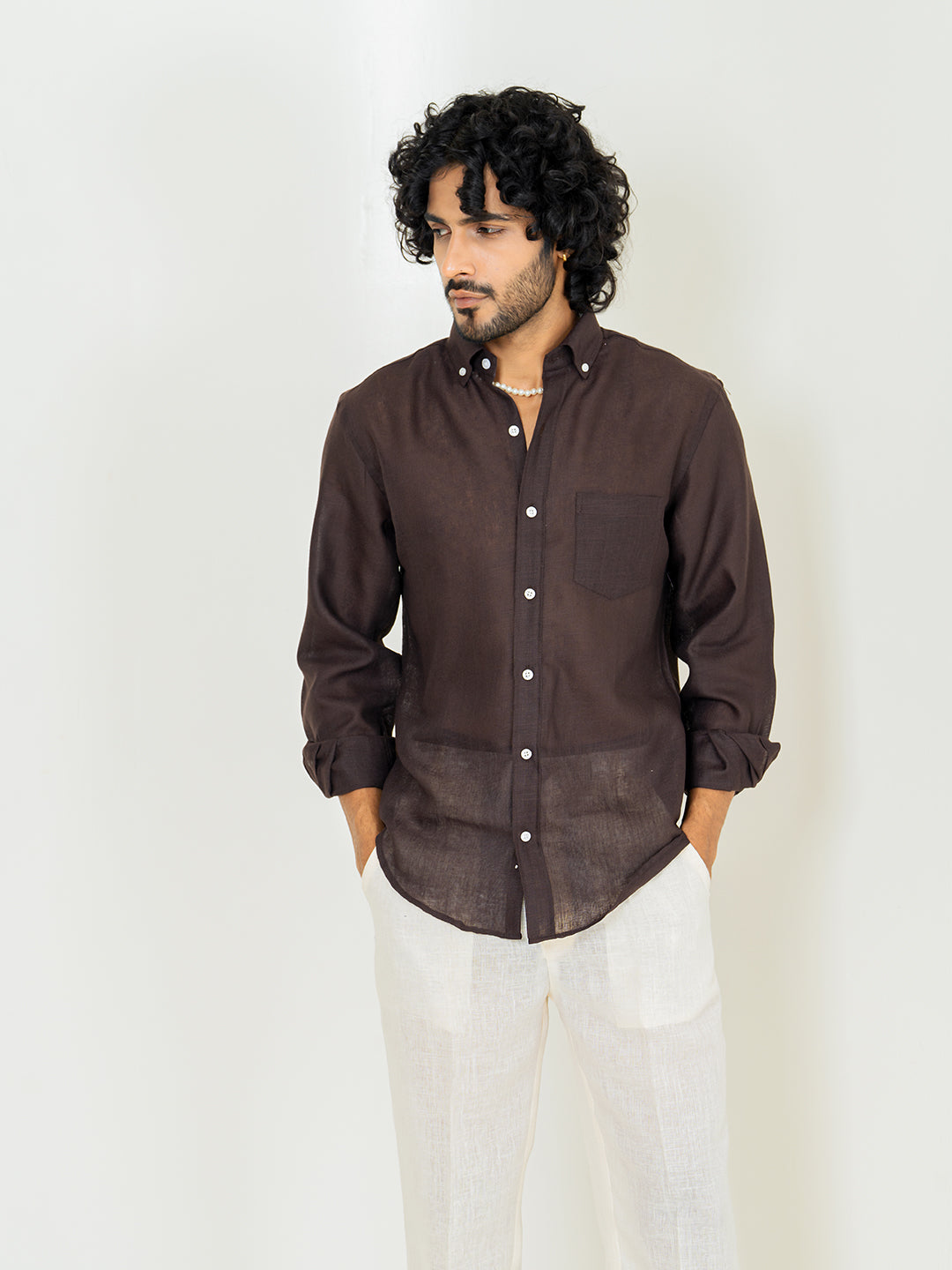 Dark Brown Linen blend full sleeves shirt