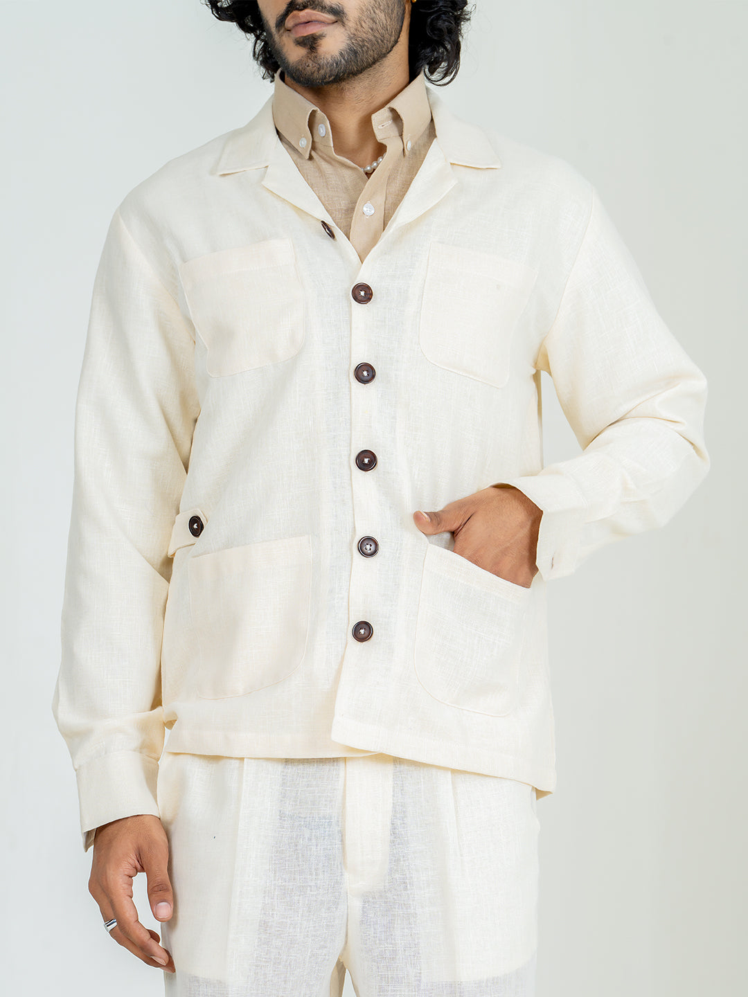 Blanched Almond Two Pocket Linen blend shacket