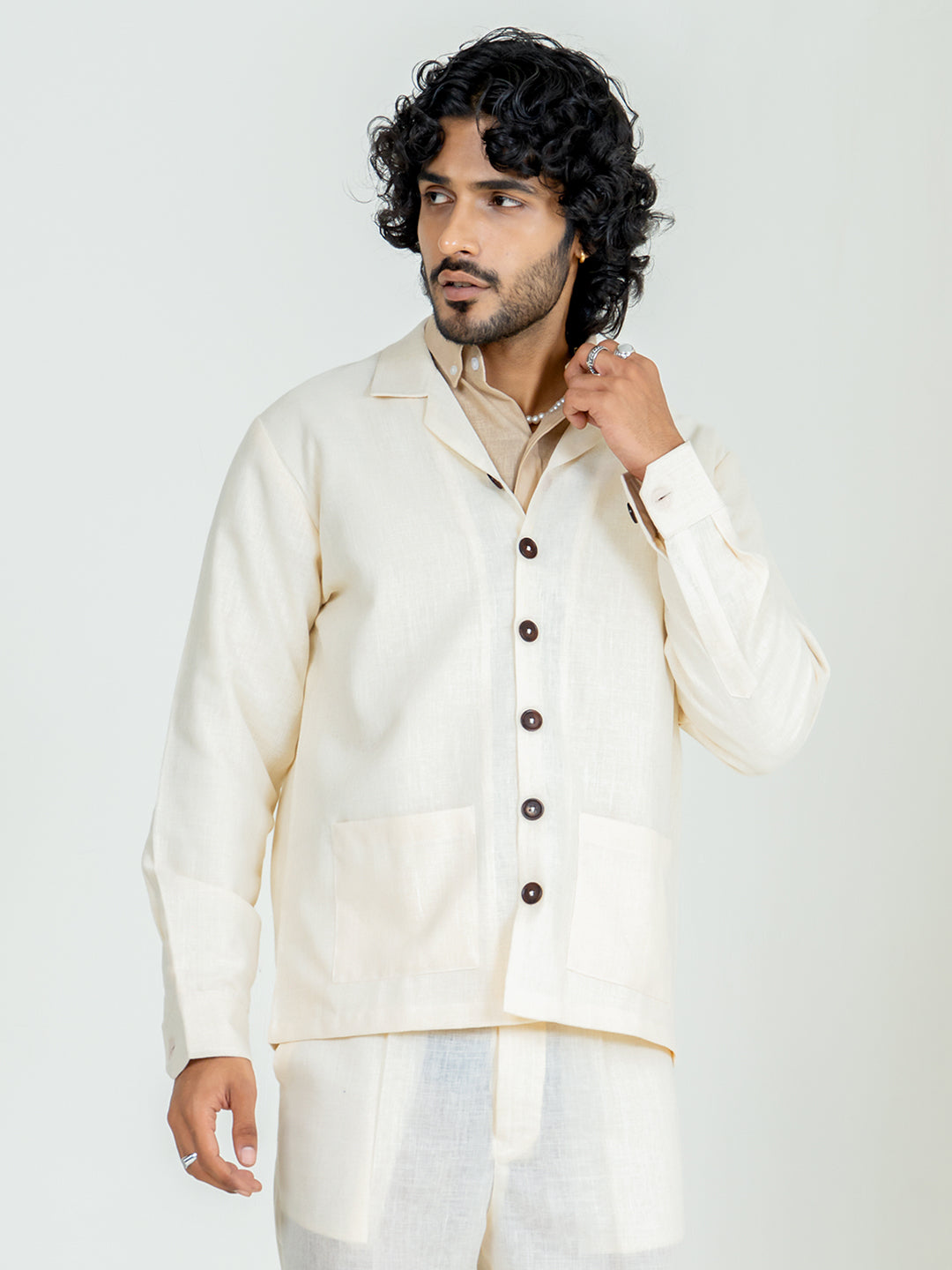 Blanched Almond Two Pocket Linen blend shacket