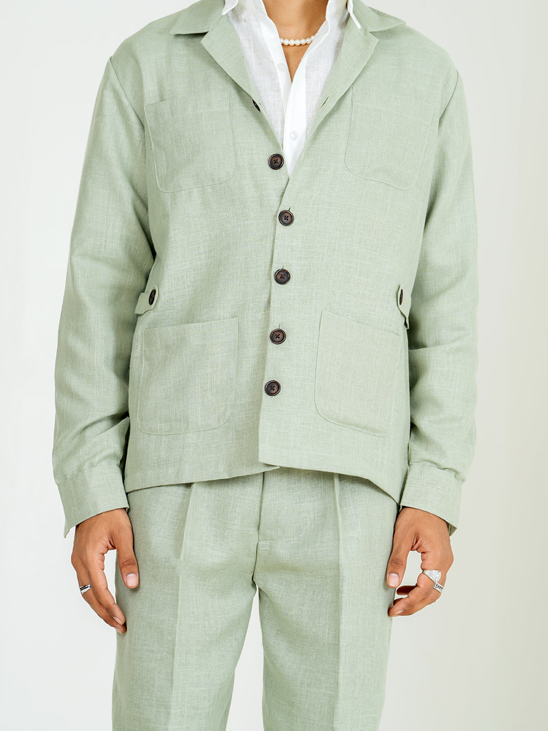 Sage Green Two Pocket Linen blend shacket